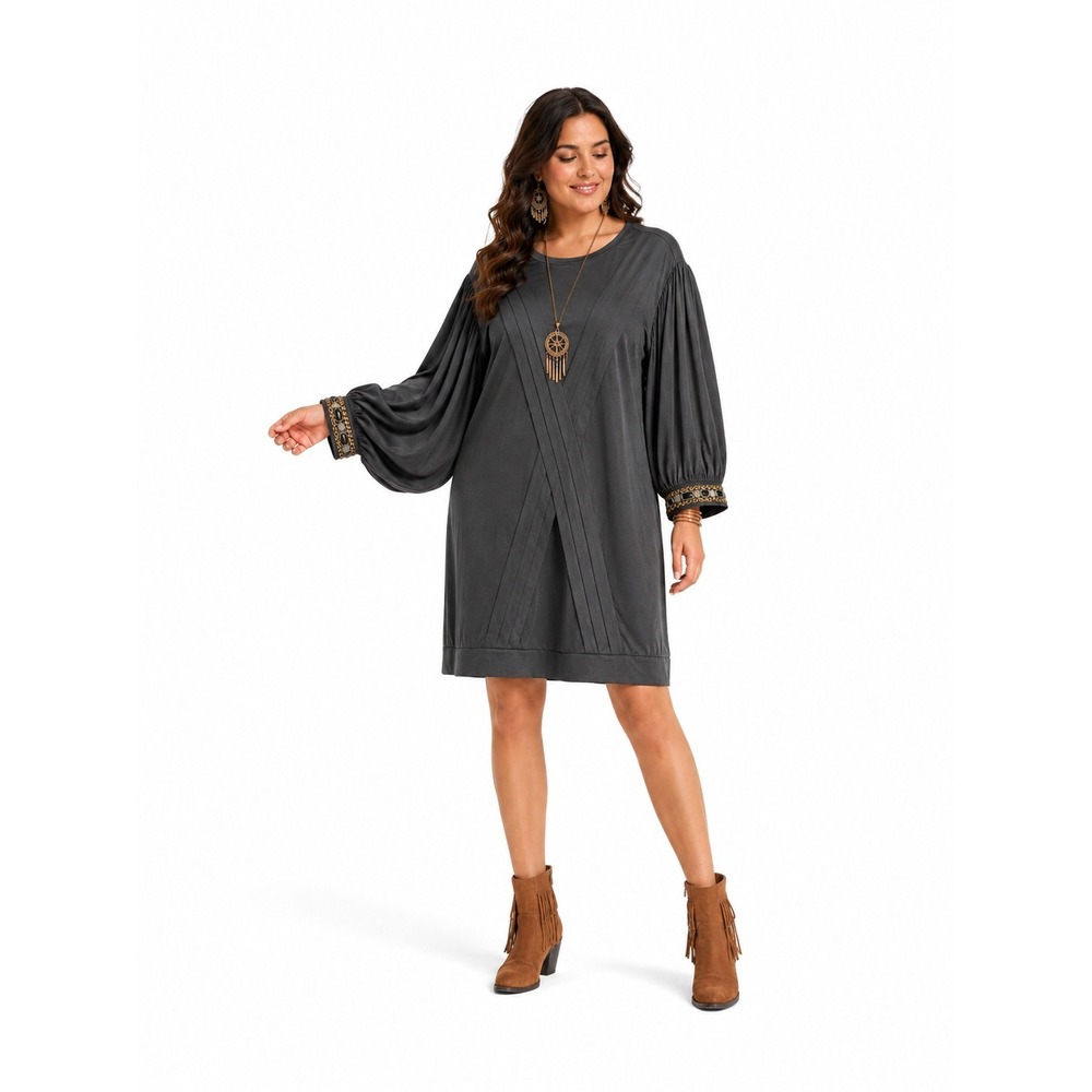 Beulah Style Size Medium Black Beaded Cuff Boho Dress TY3049 Puff Sleeve NEW